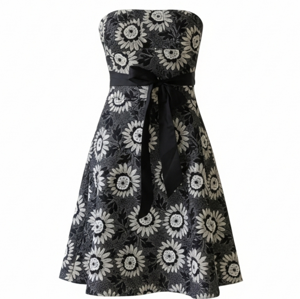 White House Black Market Strapless Black/Ivory Floral Dress Size 4
